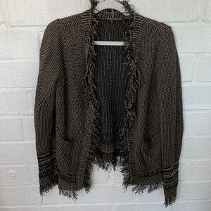Rene Lezard Knit Fringe Long Sleeve Open Front Cardigan Sweater size 34